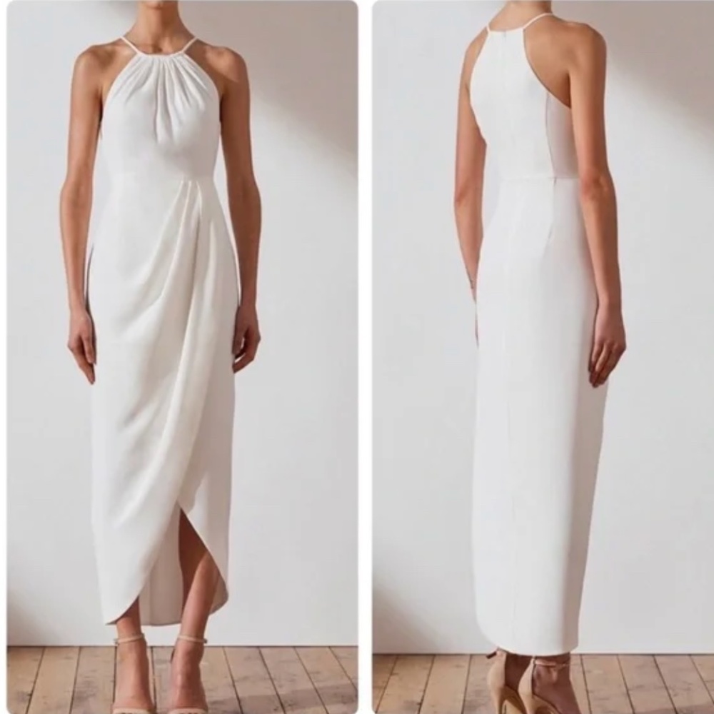 Shona Joy Core High Neck Halter Draped Tulip Hem Gown Dress Ivory